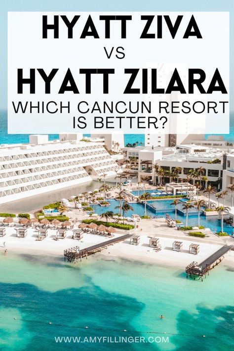 Is Hyatt Zilara Cancun or Hyatt Ziva Cancun better? If you're planning an all-inclusive Cancun vacation, you may be wondering about Hyatt Ziva vs. Hyatt Zilara Cancun. Today I will compare Hyatt Zilara Cancun vs. Hyatt Ziva Cancun and share the differences between these two resorts, two of the best all-inclusive resorts in Cancun! #hyattzivacancun #hyattzilaracancun #cancun #allinclusive #hyattziva #hyattzilara Cancun Honeymoon, Hyatt Zilara Cancun, Hyatt Ziva Cancun, Honeymoon Travel Agent, Cancun Tours, Tulum Vacation, Cancun Vacation, Best All Inclusive Resorts, Cancun Resorts