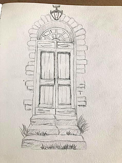 Fancy Door Drawing, Drawing Doors Sketches, Painting Of A Door, Folk Art Tutorials, How To Draw A Door, Door Drawing Simple, Watercolor Doors Paintings, Door Drawing Sketch, Old Door Drawing