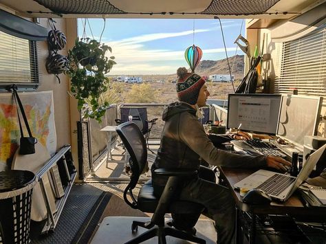 Off Road Van Camper, Vanlife Workspace, Office Van, Van Office, Rv Office, Office With A View, Caravan Home, Mobile Workshop, Rv Dreams