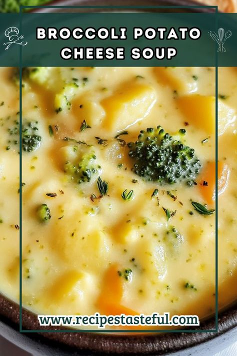 A creamy and comforting Broccoli Potato Cheese Soup, packed with flavors from sharp cheddar cheese and fresh vegetables. Perfect for chilly nights! Cheddar Broccoli Potato Soup, Broccoli Potato Cheese Soup, Potato Cheese Soup, Potato Cheddar Soup, Broccoli Potato Soup, Broccoli Potato, Broccoli And Potatoes, Cheddar Potatoes, Potato Cheese