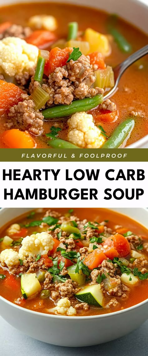 Image for Hearty Low Carb Hamburger Soup Healthy Vegetable Beef Soup Low Carb, Whole Foods Soup Recipes, Hamburger Soup Keto Low Carb, Hamburger Soup Healthy Low Carb, Low Carb Hamburger Crockpot Recipes, Soup High Protein Low Carb, Low Carb Broth Soup, Cabbage Soup Low Carb, Low Carb Hamburger Soup Recipes