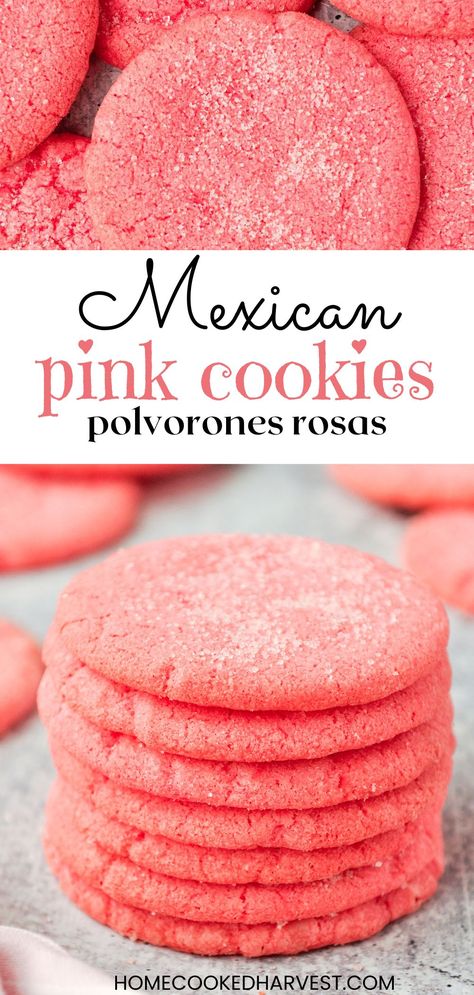 These Mexican Pink Cookies will melt in your mouth! They'll be the star of the show for Cinco de Mayo, baby showers, and weddings! Paloma Sugar Cookies, Desserts For A Mexican Dinner, Mexican Sweet Recipes, Easy Desserts For Mexican Dinner, Vegan Mexican Cookies, Pink Mexican Cookies, Christmas Cookies Mexican, Mexican Cookies Polvorones, Cortadillo Mexican Pink Cake