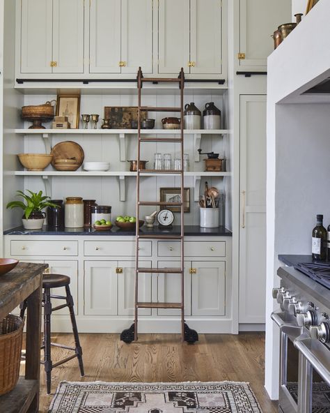 2020 Showcase House Kitchen Shelving Library Ladder, American Interior, Farmhouse Kitchen Cabinets, Butlers Pantry, Grey Kitchen Cabinets, Modern Farmhouse Kitchens, Kitchen Photos, Grey Kitchen, Historic Home