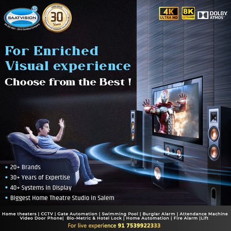 Having a home theatre at home is not a luxury, it is a necessity! And the best place to assemble and purchase your system is at Saatvision. Our showroom has 20+ brands and 40+ systems on display for you to choose from easily. Our expert team with 3 decades of experience can help guide you. Drop by the Saatvision showroom or contact us at +91 7539 922 333 to know more. #projectorscreen #homeaudio #stereo #home #movie #movienight #homecinema #saatvision #salem Home Theatre Posters, Theatre At Home, Gate Automation, Sound Bars, Home Theater Receiver, Home Movie, Video Door Phone, Home Theaters, Home Theater Speakers