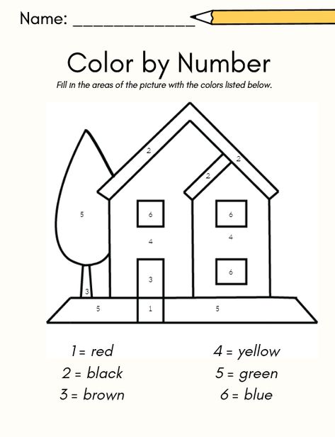 Color by number worksheet from the Colors and Shapes Worksheet and Activity pack. Free download of 7 worksheets for preschool or kindergarten. Great for at home preschool! Home Kindergarten Activities, Math Worksheets Preschool Free Printable, My Home Worksheets For Preschool, House Worksheets For Preschool, My Home Kindergarten Activities, Worksheet Coloring, Colour The Picture Worksheet, House Worksheets For Kids, House Activities For Kids