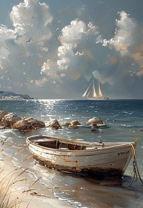 Ocean Art Painting, Nautical Artwork, Beach Art Painting, Ship Paintings, Boat Art, Boat Painting, Landscape Art Painting, Nature Art Painting, Beach Painting