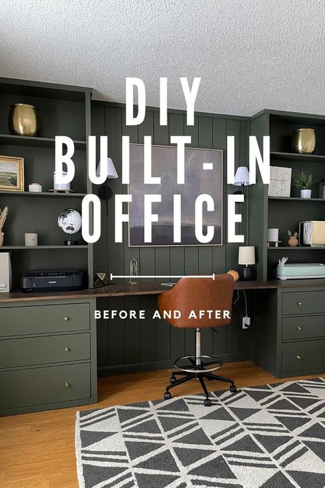 How to Create your OWN built-in office Ikea Built In Office Home Office, Built In Desk Makeover, Built In Desk With File Cabinets, How To Create Built In Bookshelves, Counter Height Built In Desk, How To Build Built In Bookshelves With Desk, Plans For Built In Bookshelves, Home Office Diy Built In, Office Cabinet Built In