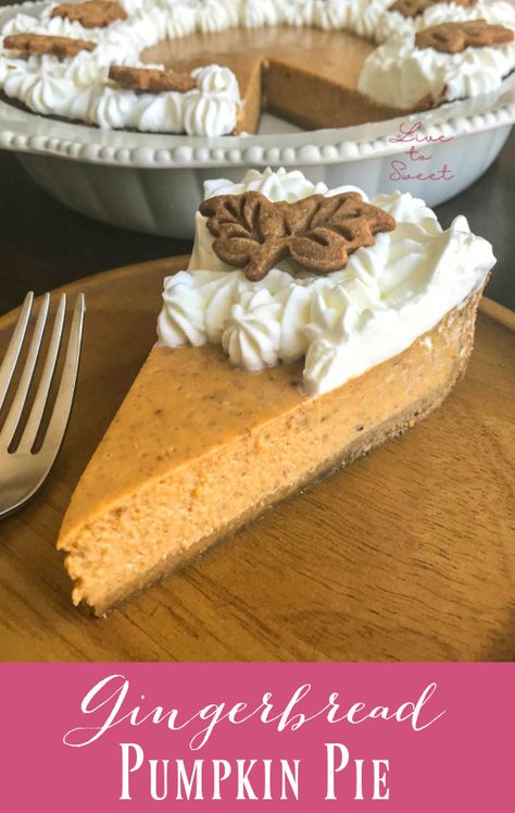 A traditional pumpkin filling inside a spiced gingerbread crust, topped with fresh whipped cream. Pumpkin Pie Gingerbread Crust, Ginger Crust Pumpkin Pie, Ginger Pie Crust, Gingerbread Crust Pie, Ginger Pumpkin Pie, Gingerbread Pumpkin Pie, Topping For Pumpkin Pie, Ginger Cookie Pie Crust, Pumpkin Pie With Gingerbread Crust