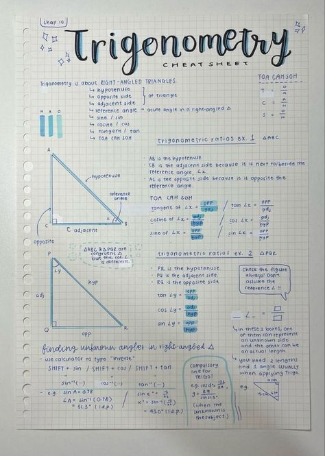 High School Notes Organization, School Notes Organization, High School Notes, Maths Trigonometry, Mathematics Notes, Trigonometric Ratios, Studera Motivation, Teaching Math Strategies, Notebook School