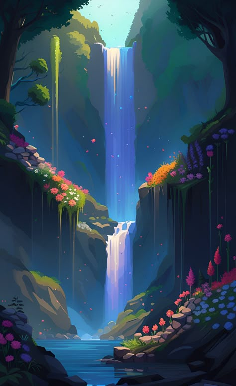 Flower Forest Drawing, Waterfall Digital Art, Waterfalls Background, Waterfall Illustration, Procreate Landscape, Waterfall Aesthetic, Landscape Drawing Tutorial, Forest Drawing, Forest Illustration