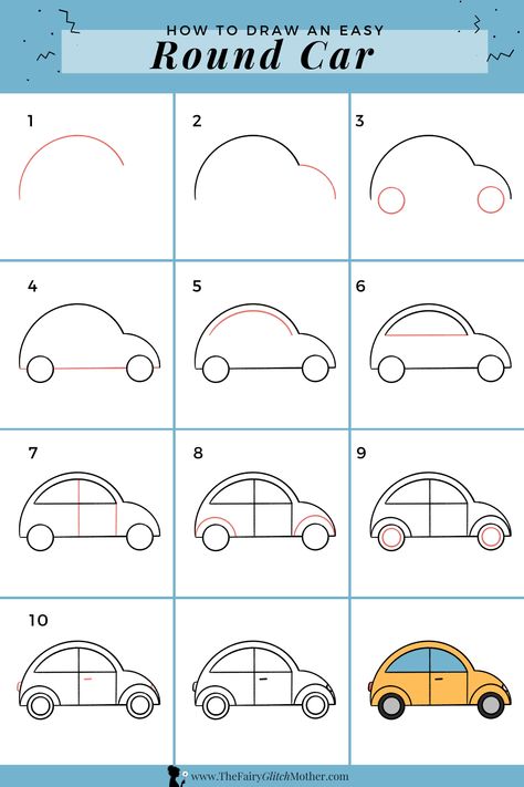 Draw a round Car in just 10 simple steps! Very easy to do! Ideal for kids and kids at heart ;) #howtodraw #stepbystep #drawtutorial #cardrawing Easy Car Painting, How To Draw A Car, Car Drawing, Simple Car Drawing, Car Drawing Easy, Paper Car, Free Coloring Sheets, Easy Drawings For Kids, Drawing Exercises