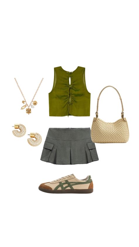 Gray Pleated Skirt Outfit, Short Pleated Skirt Outfit, Mini Green Skirt, Mini Pleated Skirt Outfit, Gray Skirt Outfit, Green Skirt Outfits, Gray Mini Skirt, Skirt Outfit Summer, Grey Pleated Skirt