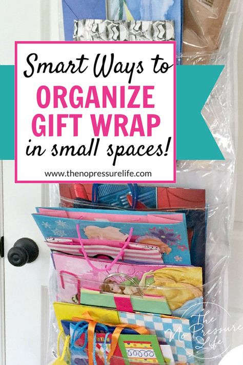 These are such easy gift wrap storage ideas, perfect for small spaces! Learn how to organize wrapping paper and gift bags with cheap products and a super simple DIY project. via @nopressurelife #organization #organizing #organize #organized #giftwrap #giftwrapping  via @nopressurelife Gift Bag Organization Storage, Wrapping Paper Storage Ideas, Paper Storage Ideas, Bag Storage Ideas, Craft Storage Ideas For Small Spaces, Wrap Storage, Gift Bag Organization, Gift Bag Storage, Wrapping Paper Organization