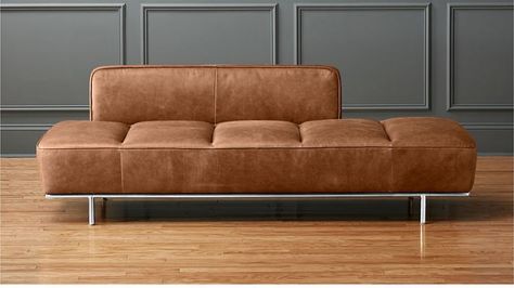 Leather Bench With Back, Leather Daybed Living Room, Cb2 Daybed, Leather Day Bed, Bench Interior, Daybed Bench, Leather Bench Seat, Brown And Blue Living Room, Leather Chaise Lounge