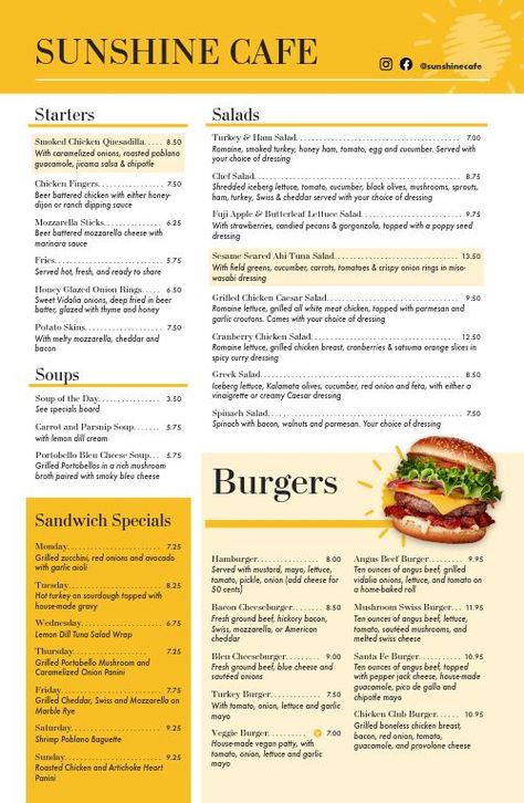 Charming Cafe Menu Cafe Lunch Menu Ideas, Cafe Breakfast Menu Ideas, Breakfast Menu Ideas, Lunch Menu Ideas, Beer Battered Chicken, Cafe Dinner, Trendy Cafe, Orange Cafe, Taco Dishes