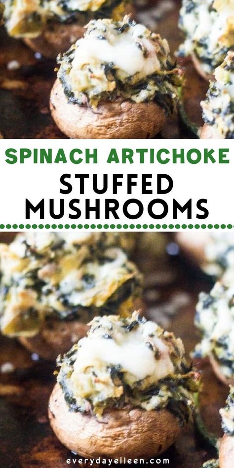 Mushroom appetizer stuffed with spinach and artichoke with cheese with Pinterest overlay. Spinach Artichoke Stuffed Mushrooms, Artichoke Stuffed Mushrooms, Artichoke Stuffed, Cream Cheese Spinach, Mushroom Side Dishes, Mushroom Appetizers, Cheese Stuffed Mushrooms, Stuffed Mushroom, Artichoke Recipes