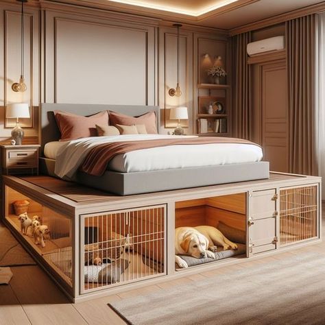 Platform Bed With Dog Bed Under, Dog Beds Under The Bed, Dog House In Staircase, Bed Frame With Dog Kennel Underneath, Diy Bed With Dog Bed Underneath, Cool Dog Room Ideas, Pet Kennel Furniture, Dog Area In House Ideas, Dog Kennel Bench Seat