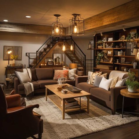 Coffee Living Room Ideas, Old Home Living Room Ideas, Downstairs Living Room Ideas Basements, Cozy Basement Aesthetic, Cozy Farmhouse Basement Ideas, Basement Cozy Ideas, Cozy Basement Decor, Cozy Cottage Basement, Basement Inspo Aesthetic