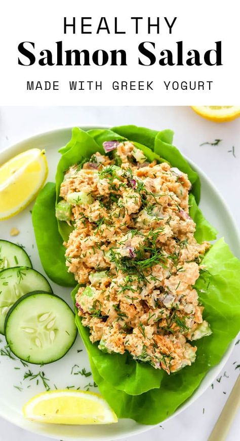 This easy salmon salad is made with canned salmon, red onion, celery, fresh dill and Greek yogurt instead of mayo. It's loaded with flavor and perfect for meal prep. Canned Salmon Salad, Protein Salad Recipes, Canned Salmon Recipes, Eating Bird Food, Salmon Salad Recipes, Salmon Sandwich, Canned Salmon, Salmon Red, Tuna Salad Recipe