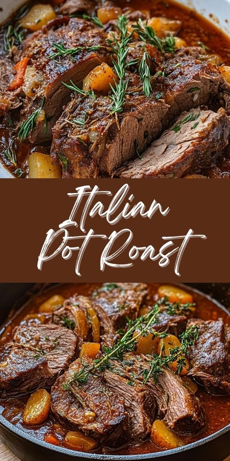 Italian Pot Roast (Stracotto)  Ingredients:  4 ounces bacon (or pancetta), diced (optional) 3 pounds beef (such as chuck), cut into 3 large pieces Salt and pepper, to taste 1 cup onion, diced 1 cup carrot, diced 1 cup celery, diced 1 tablespoon garlic, chopped 1/2 teaspoon red pepper flakes (optional) 2 cups beef broth 1 (14.5 ounce) can crushed tomatoes 1 sprig thyme (or 1 teaspoon fresh chopped or 1/2 teaspoon dried) 1 sprig rosemary  #Italian #Pot #Roast #Stracotto Crock Pot Recipes Chuck Roast, Tomato Pot Roast, Pot Roast Natashas Kitchen, Italian Beef Roast Crockpot, Roast With Stew Meat, Stracotto Crock Pot, Round French Roast Recipe, Stove Pot Roast, Pot Roast With Tomatoes