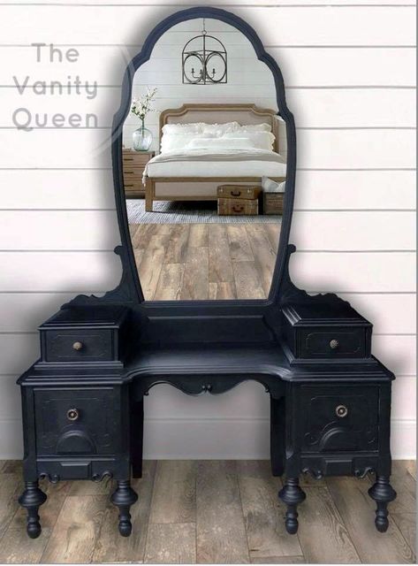 Lamp Black Vanity | General Finishes Design Center Restored Vanity, Makeup Vanity Redo, Antique Vanity Makeover, 1920s Vanity, Vintage Makeup Vanities, Black Dressing Tables, Silver Vanity, Vanity Makeover, Painted Vanity