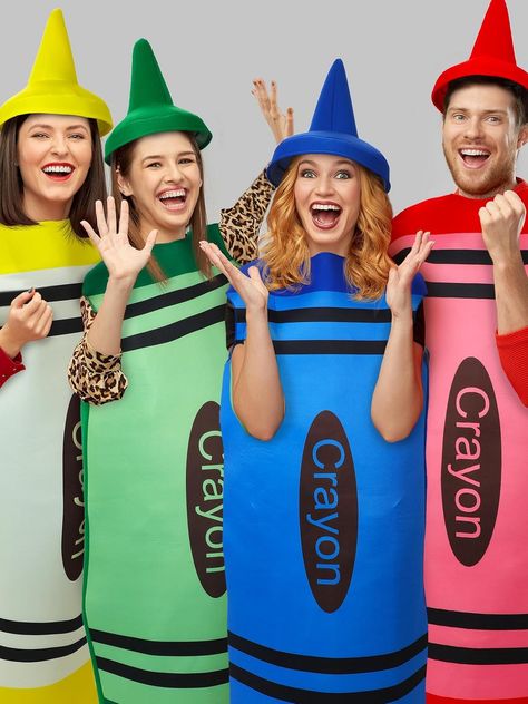 Halloween crayon costume with a hat with stretchy polyester designed to comfortably fit most adults, easy to put on and take off #halloween_costumes #crayon_costumes Crayon Outfit, Crayon Fancy Dress, Crayon Costumes, Halloween Crayons, Crayon Costume, Toddler Crayons, Outfit For Halloween, Dress Up Party, Funny Dresses