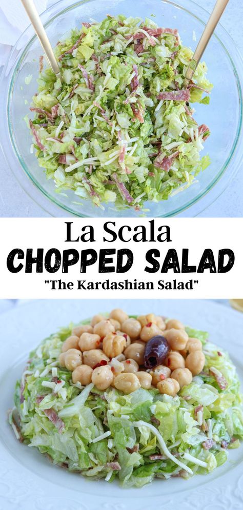 chopped salad with lettuce, salami and chickpeas on top. No Banana Smoothie, Kardashian Salad, Kardashian Salads, Scala Chopped Salad, Marinated Chickpeas, Low Calorie Salad, Banana Smoothie Bowl, Chopped Salad Recipes, Mozzarella Salad