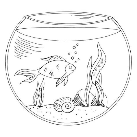 Fish Bowl Doodle, Fish Bowl Sketch, Fishbowl Sketch, Goldfish Outline, Fish Bowl Illustration, Fishbowl Drawing, Fishbowl Tattoo, Fish Bowl Drawing, Bowl Drawing