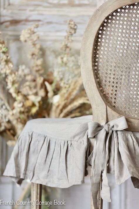 *NEW* French Cottage Collection Holiday Linen Slipcovers & Tablecloths - French Country Cottage Bread And Coffee, French Country Crafts, French Country Chairs, Faded French, French Blue And White, French Country Dining Chairs, Ruffled Tablecloth, Linen Chair Covers, Linen Dining Chairs