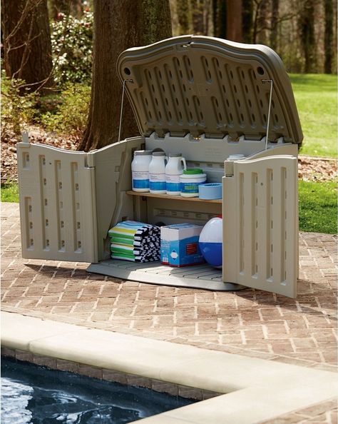 Tuck pool and gardening chemicals in a weather-safe storage shed that'll keep it safe, dry. Pool Chemical Storage, Pool Chemical Storage Ideas, Pool Accessories Storage, Accessories Storage Ideas, Pool Storage Box, Storage Box Ideas, Float Storage, Pool Float Storage, Pallet Deck Diy