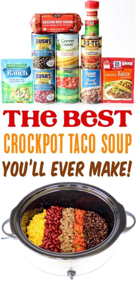 Easy Crockpot Taco Soup, Crockpot Taco Soup, Recipe With Beef, Crockpot Taco, Crockpot Healthy, Pot Recipes Healthy, Crock Pot Tacos, Taco Soup Recipe, Pot Recipes Easy