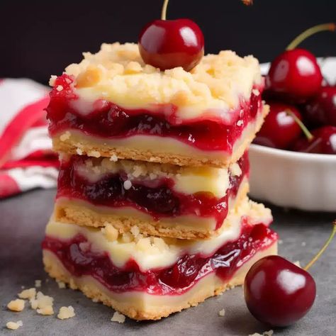 The holidays just wouldn't be the same without indulging in delicious desserts and treats. If you're looking for a new recipe that captures the flavors of the season, these Christmas cherry bars need to be Christmas Cherry Cheese Bars, Cherry Blondies Recipe, Christmas Cherry Pie Bars, Thanksgiving Cherry Desserts, Holiday Deserts Thanksgiving, Cherry Slice Bars, Cherry Bliss Bars, Cherry Preserves Desserts, Easy Cherry Bars