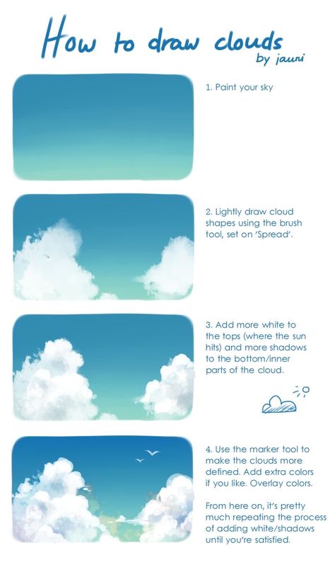 How To Color Sky Digital, Digital Sky Tutorial, Drawing Clouds Digital, How To Draw Scenery Digital, Sky Drawing Tutorial Digital, Digital Background Painting, Cloud Tutorial Drawing, Digital Art Sky Tutorial, Cloud Digital Art Tutorial