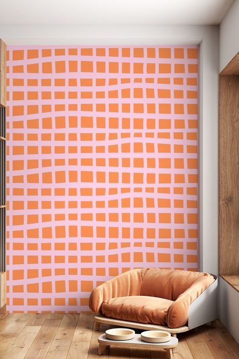 Colorful Modern Wall Art, Pink And Orange Interior Design, Pink Wall Painting Ideas, Pops Of Color Decor, Orange Wall Mural, Pink Orange Wallpaper, Summer Home Decor Ideas, Wallpaper Deco, Painted Wallpaper