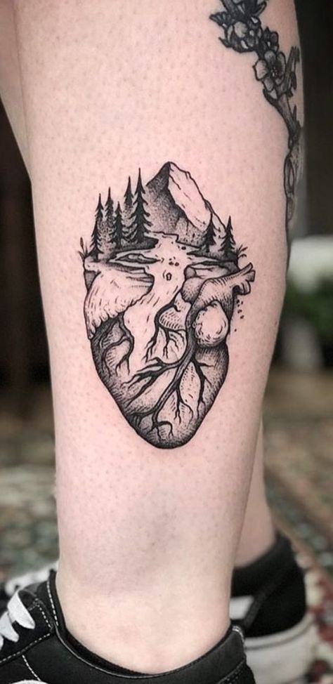 Heart With Mountains Tattoo, Heart Earth Tattoo, Mountain Hand Tattoo, Earth Heart Tattoo, Heart Monitor Tattoo, Road Trip Tattoo, Nature Themed Tattoos, One Life Tattoo, Wild Heart Tattoo