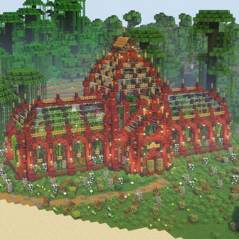 Minecraft Greenhouse House, All The Mods 9 Minecraft Builds, Waxfraud Houses, Greenhouses Minecraft, Minecraft Big Greenhouse, Minecraft Fantasy Greenhouse, Minecraft Sanctuary Ideas, Conservatory Minecraft, Minecraft Biomes O Plenty House