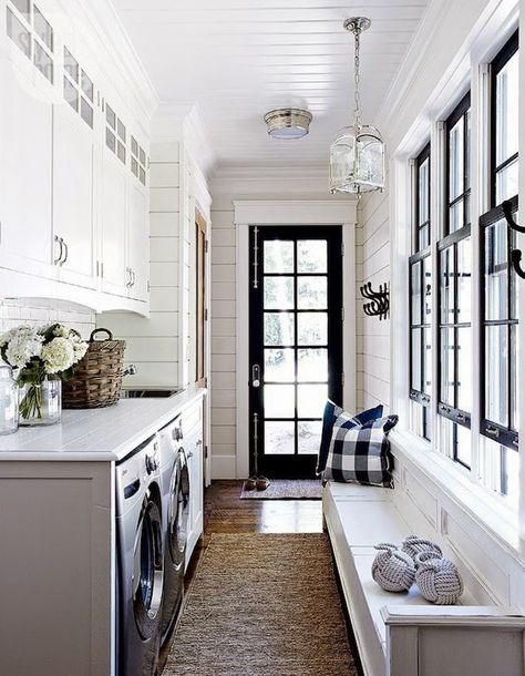 Love door with glass to bring in all natural light. Too tight walkway though Laundry Room/mudroom, Farmhouse Mudroom, Laundry Room/mud Room, Bilik Air, Mudroom Laundry Room, Farmhouse Laundry Room, Laundry Mudroom, Mudroom Laundry, Laundry Room Inspiration