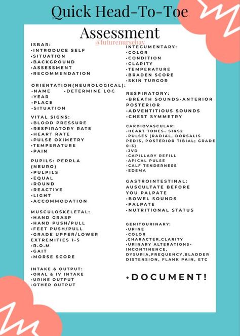 Quick Head to Toe Assessment #nursingstudent #nurse #resources - Image Credits: futurenursebay Nursing Student Instagram Bio, Critical Care Nursing Education, Practical Nursing Student Study Guides, Nursing Clinical Cheat Sheet, Nursing Documentation Cheat Sheets, Nursing Skills Cheat Sheets, Er Nursing Tips Cheat Sheets, Head To Toe Assessment Cheat Sheet, Emt Study Cheat Sheets