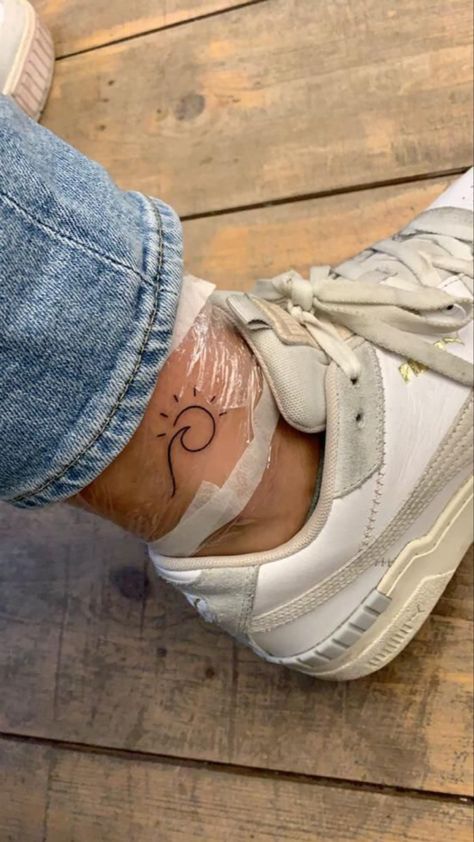 Meaningful Water Tattoos, Waves Ankle Tattoos For Women, Ankle Wave Tattoos For Women, Cute Tattoos For Ankle, Sun And Wave Tattoo Ankle, Ankle Tattoo Wave, Simple Summer Tattoos, Wave Ankle Tattoos For Women, Small Wave Tattoo Ankle