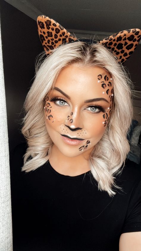 Cheetah/Leopard makeup look for halloween or just a fun event #makeup #cheetahmakeup #leopardmakeup #halloweenmakeup #fantasymakeup #makeuplooks Kitty Halloween Costume For Women, Cheetah Cat Makeup, Leopard Cat Halloween Costume, Easy Leopard Costume, Cheetah Costume Women Halloween, Lioness Halloween Costume, Womens Cheetah Costume, Cheetah Costume Women Halloween Makeup, Simple Leopard Makeup