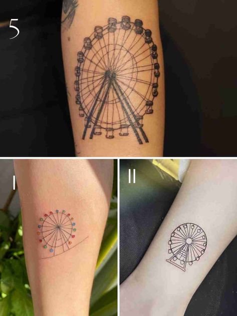 Ferris Wheel Tattoo Simple, Fair Tattoo Ideas, Pinwheel Tattoo, Small Ferris Wheel, Ferris Wheel Tattoo, Ferris Wheel Drawing, Star Face Tattoo, Carnival Tattoo, Carousel Tattoo