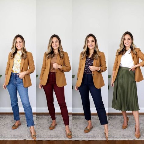 Tan Blazer Work Outfits, Carmel Pants Outfit Work, Tan Blazer Outfits Women Classy, Outfits With Tan Blazers For Women, How To Wear A Brown Blazer, Mocha Blazer Outfit, Business Casual Outfits With Blazers, Caramel Blazer Outfit Women, Office Wear Petite Women