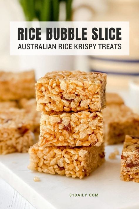 Rice Bubble Slice is a delicious and simple snack recipe from Australia that resembles an American Rice Krispies treats recipe but is easier to make and utterly scrumptious with ingredients that make it a delightful snack to have on hand. Rice Bubble Recipes, Easy Slices, Puff Rice, Rice Bubble Slice, American Rice, Rice Krispies Treats Recipe, Australian Snacks, Sweet Slices, Crispy Treats Recipe