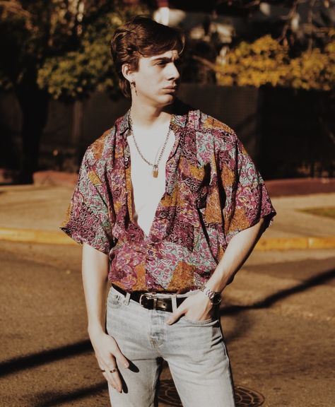 Hippies, Button Up Shirt Outfit Mens Aesthetic, Boho Man Outfit, Gypsycore Fashion Men, Bohemian Aesthetic Outfit Men, Mens Folk Fashion, Spiritual Outfits Men, Colorful Shirts Men, 70s Style Outfits Men