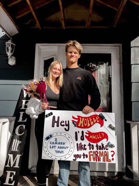 Hotwheels Promposal Ideas, Car Theme Promposal, Cars Theme Promposal, Race Car Promposal Ideas, Fast And Furious Promposal, Hot Wheels Promposal Ideas, Carhartt Promposal, Car Promposal Ideas Boyfriends, Motorcycle Promposal