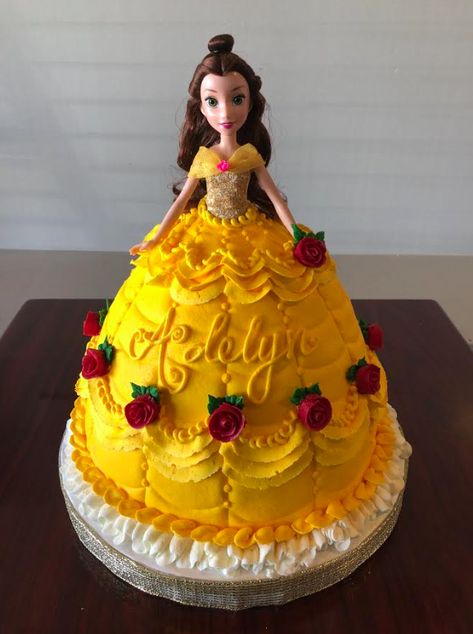 Belle Birthday Cake - Adrienne & Co. Bakery Belle Barbie Cake, Bell Cake Princess, Belle Cakes Birthday, Belle Cake Ideas, Belle Birthday Party Cake, Belle Birthday Party Ideas, Disney Princess Belle Cake, Doll Cake Buttercream, Princess Belle Birthday Party