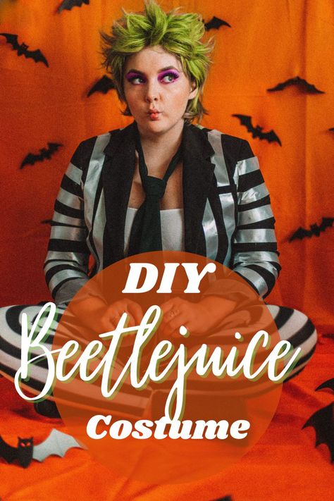 In front of an orange background a girl sits on the floor wearing a white and black striped suit. Her hair is wildly green and she has purple eyeshadow. The text reads DIY Beetlejuice costume. Diy Beetlejuice Costume Women, Diy Beetlejuice Costume, Beetlejuice Costume Diy, Beetlejuice Suit, Diy Beetlejuice, Beetlejuice Halloween Costume, Sew Halloween Costume, Beetlejuice Costume, Spooky Halloween Costumes