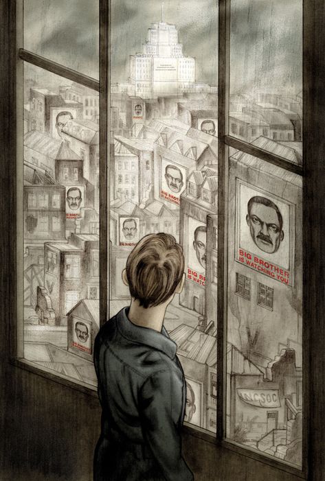 Haunting Illustrations for Orwell’s Nineteen Eighty-Four, Introduced by the Courageous Journalist Who Broke the Edward Snowden Story | Brain Pickings 1984 Orwell Art, 1984 Orwell, 1984 Book, Nineteen Eighty Four, George Orwell 1984, Edward Snowden, Looking Out The Window, Communication Art, George Orwell