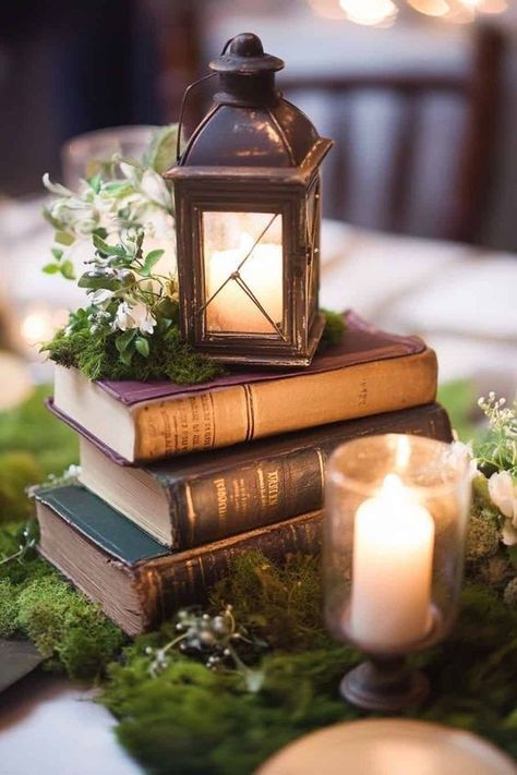 Wedding Decor Natural Elegant, Book Table Decor Wedding, Book Decorations For Wedding, Wedding Book Centerpieces, Wedding Decor With Books, Bookish Wedding Centerpieces, Books As Wedding Decor, Fairytale Table Decor, Antique Wedding Centerpieces