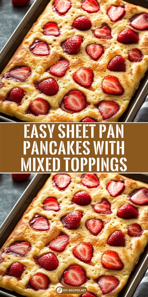 Try this easy sheet pan pancake recipe for breakfast or brunch! Customize each section with different toppings like berries, chocolate chips, or a peanut butter swirl. Pancake In A Pan, Sheet Pan Pancakes With Pancake Mix Easy, Sheet Pancakes, Oven Pancake, Sheet Pan Pancakes, Pan Pancakes, Oven Pancakes, Recipe For Breakfast, Blueberry Chocolate